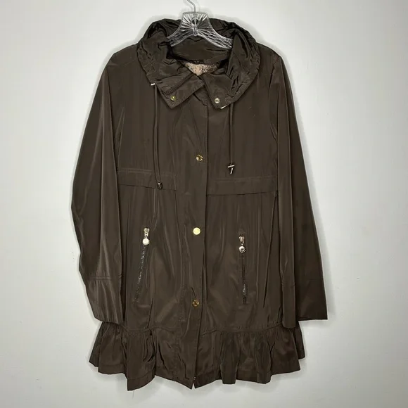 Betsey Johnson Brown Ruffle Edge Coat Size XS *missing hood button - Picture 2 of 16